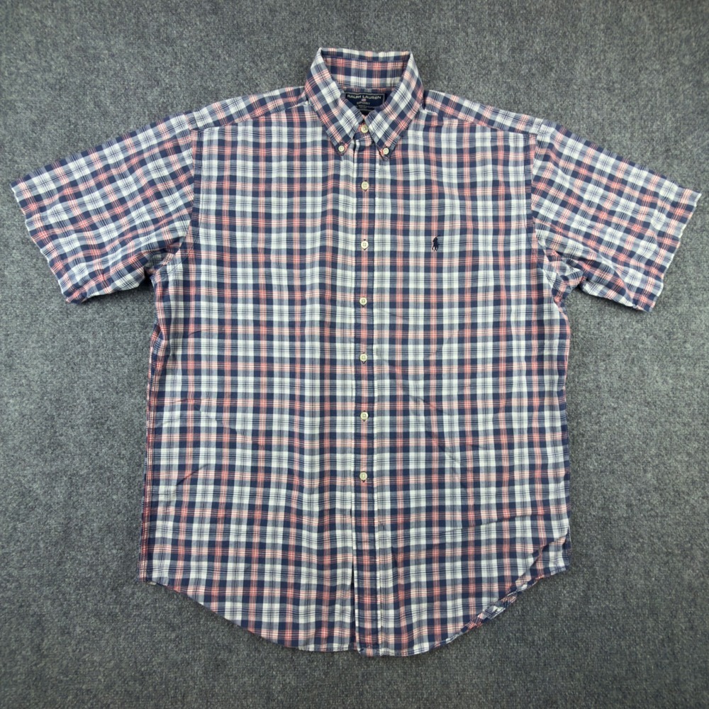 Vintage Ralph Lauren Sport Mens Large Blue Red Plaid Short Sleeve Button Down